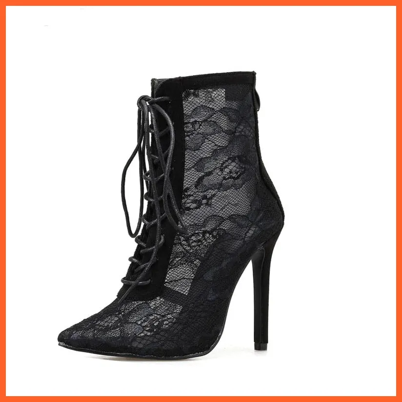 Breathable Mesh Lace-Up High Heels Cross-Tied Boots Women