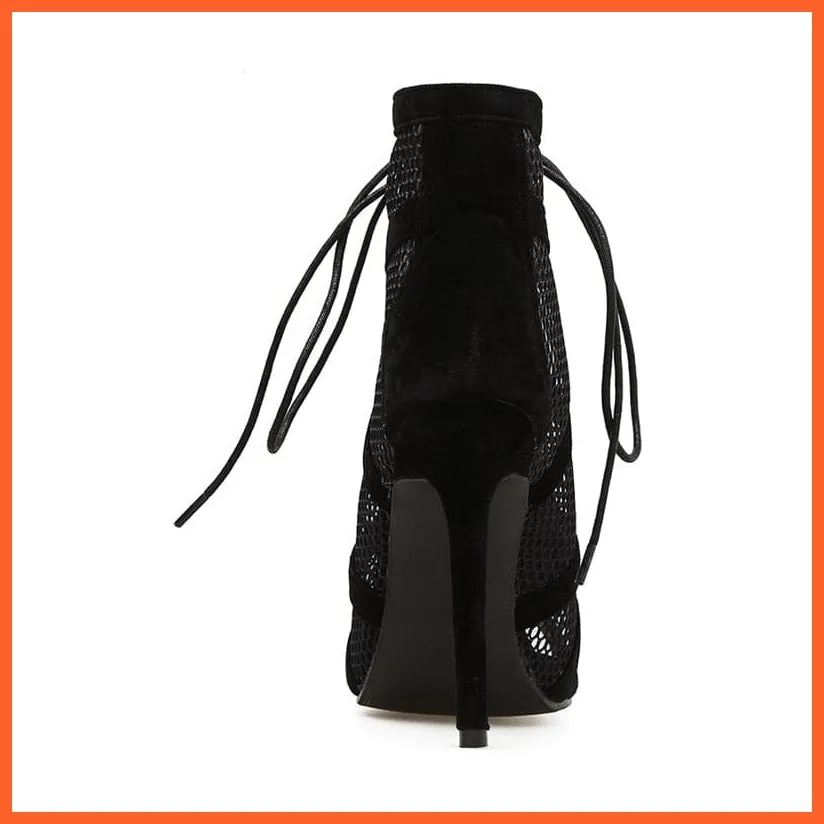 Breathable Mesh Lace-Up High Heels Cross-Tied Boots Women