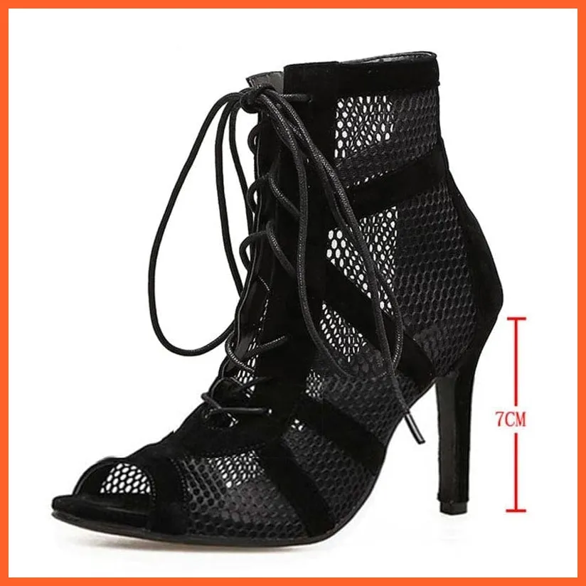 Breathable Mesh Lace-Up High Heels Cross-Tied Boots Women