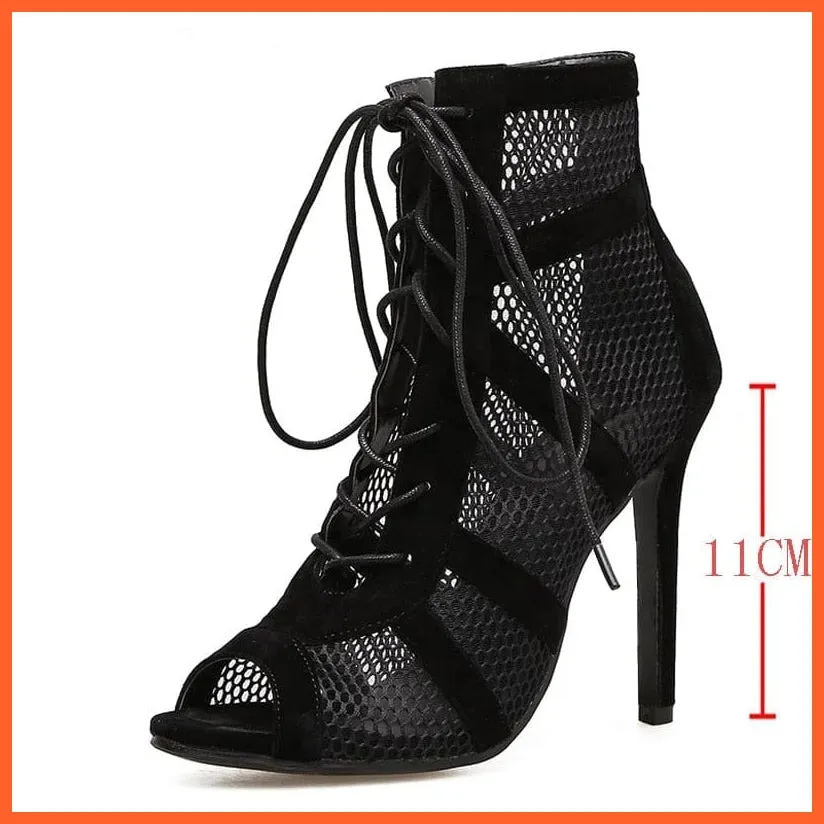 Breathable Mesh Lace-Up High Heels Cross-Tied Boots Women