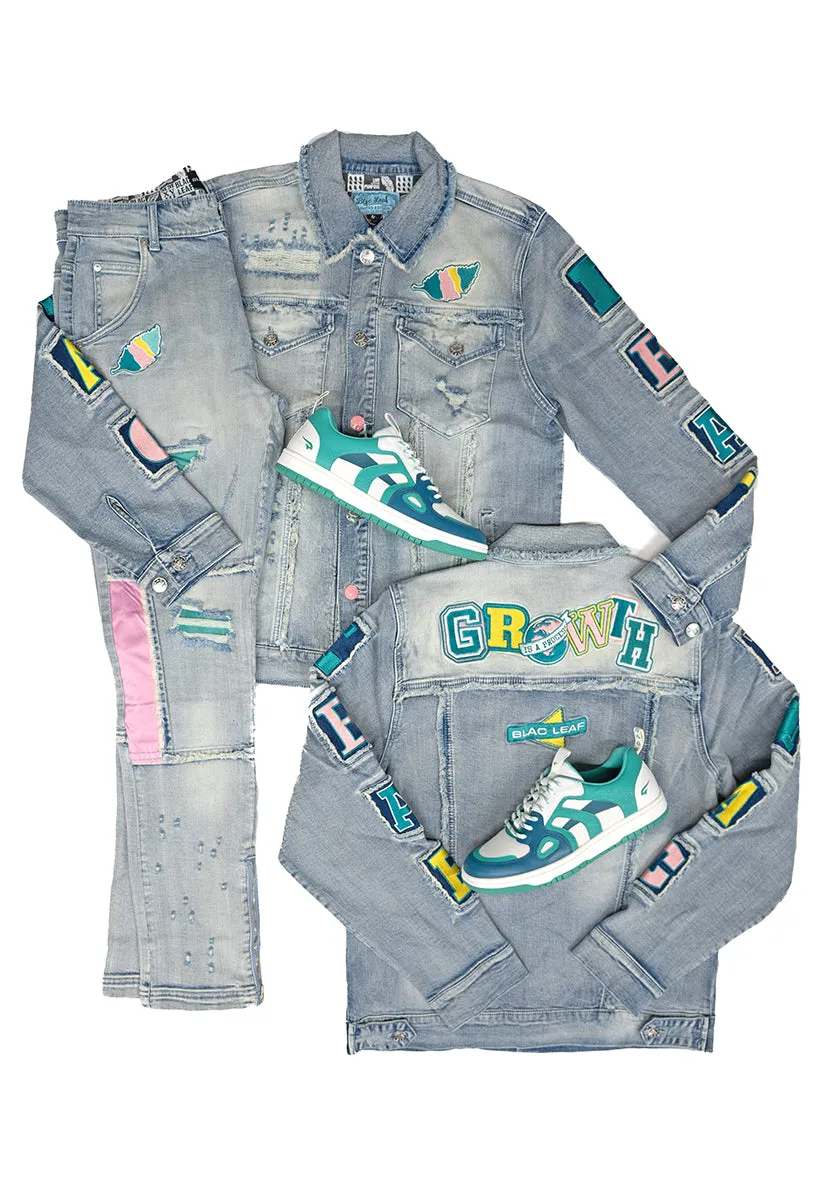 Growth Patchwork Denim Jacket, Classic Jeans, Growth T-Shirt White and Sneaker Bundle