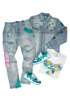 Growth Patchwork Denim Jacket, Classic Jeans, Growth T-Shirt White and Sneaker Bundle