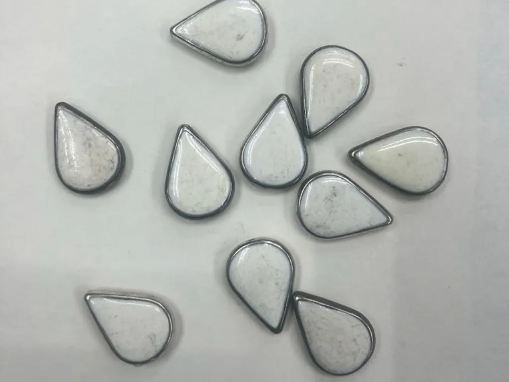 Milky White Drop Plastic Beads with Enamel and Silver Side Frame