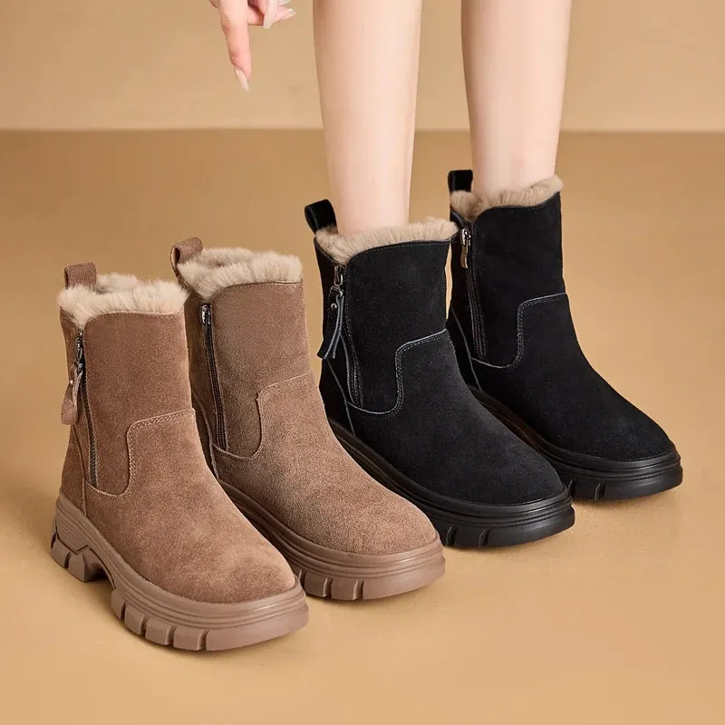 Suede Leather Side Zipper Warm Plush Snow Boot