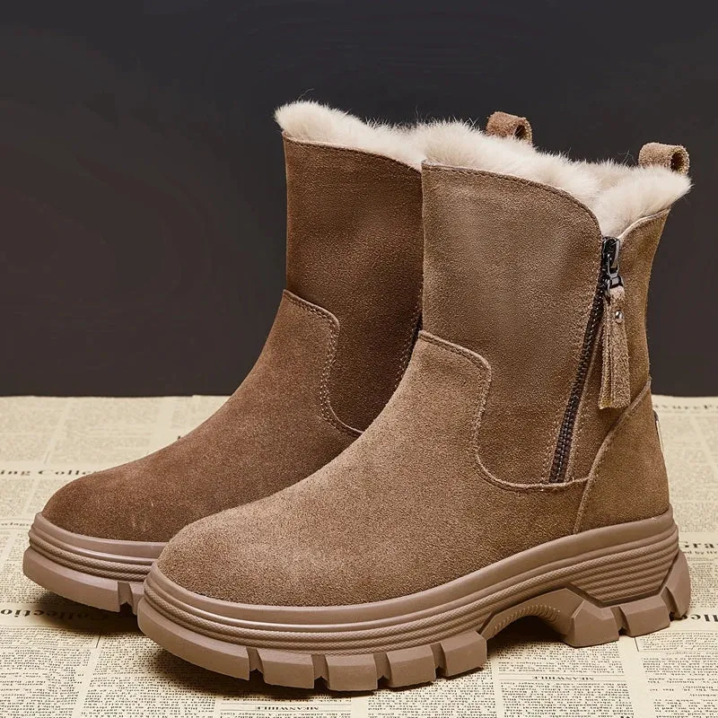 Suede Leather Side Zipper Warm Plush Snow Boot