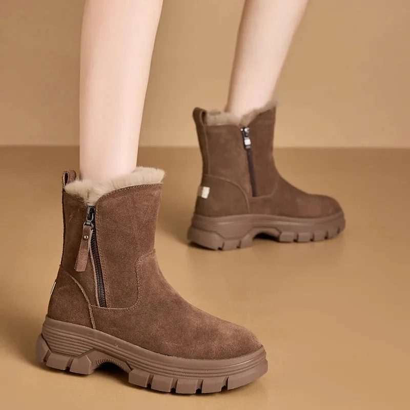 Suede Leather Side Zipper Warm Plush Snow Boot
