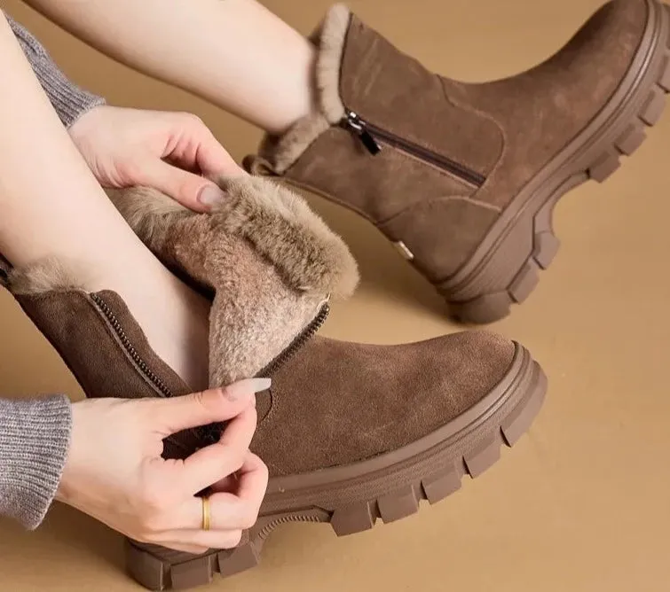 Suede Leather Side Zipper Warm Plush Snow Boot