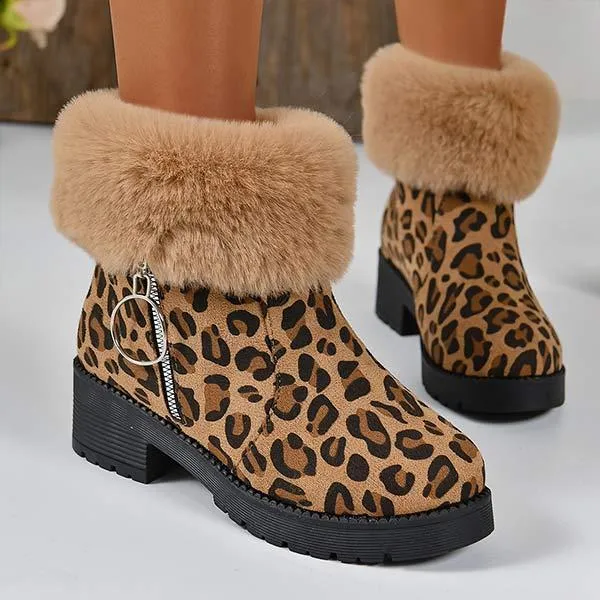 Women's Thick-Soled Fleece-Lined Snow Boots in Leopard Print 03784439C