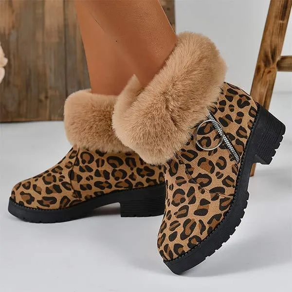Women's Thick-Soled Fleece-Lined Snow Boots in Leopard Print 03784439C