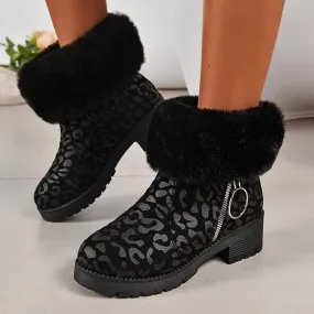 Women's Thick-Soled Fleece-Lined Snow Boots in Leopard Print 03784439C