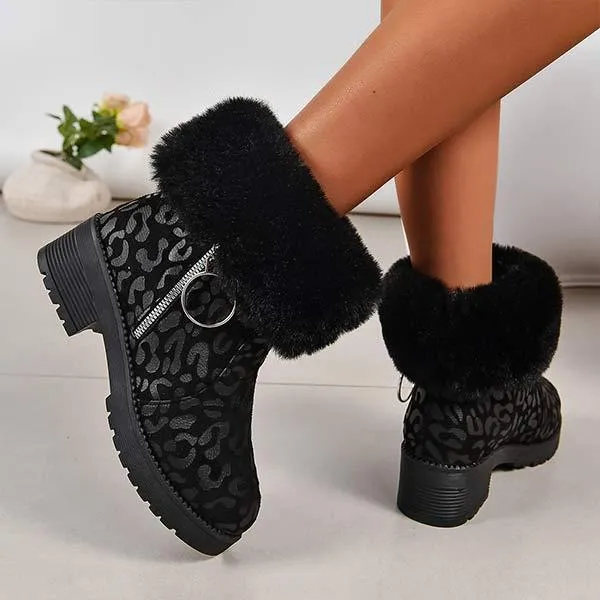 Women's Thick-Soled Fleece-Lined Snow Boots in Leopard Print 03784439C