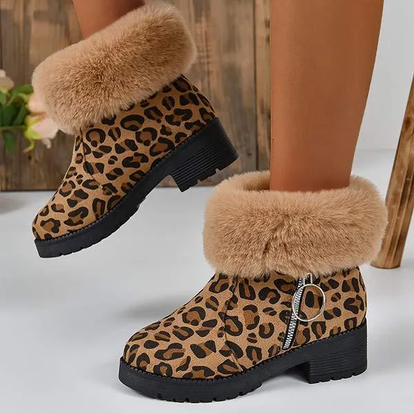 Women's Thick-Soled Fleece-Lined Snow Boots in Leopard Print 03784439C